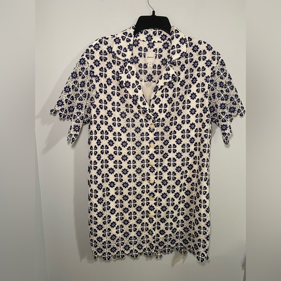 Anthropologie Maeve Short-Sleeve Geo Lace Mini Shirt Dress Size MP - Picture 3 of 12